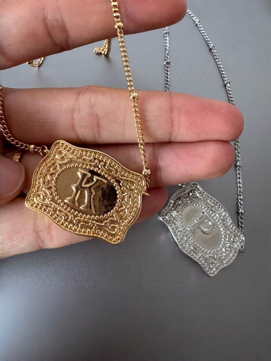 1pc Fashionable English Initial Embossed Beaded Chain Necklace, Suitable For Daily Wear, Best Jewelry Gift Choice For Women And Men (Hat Sold Separately) - Belt Buckle Letter Necklace - View 1