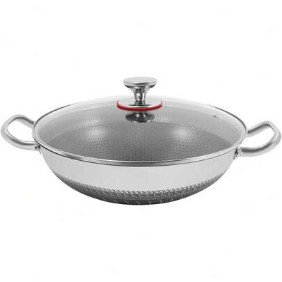 OUKANING Sartén de acero inoxidable de 34 cm, sartén antiadherente, wok con tapa de vidrio templado, olla de cocción y guiso para 3-4 personas, compatible con hornos de gas e inductivos, 33,5*9,4 cm