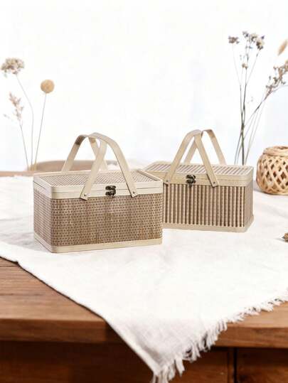 سلة نسيج طبيعية مع غطاء، سلة تسوق ريفية محمولة، يمكن استخدامها لجمع البيض/ديكور الزفاف/تخزين الألعاب/سلة نزهة خارجية، يمكن مطابقتها بحرية