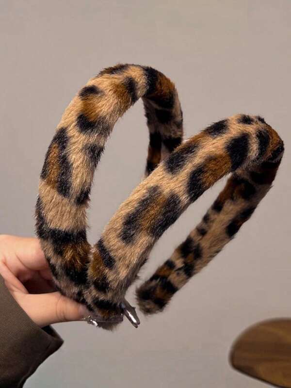 Conjunto de 2 faixas de cabelo de pelúcia com estampa de leopardo, design fofo com orelhas de gato, perfeitas para maquiagem, ioga, chá da tarde elegante, festas da moda, cosplay, presentes de Natal e Ano Novo, acessórios de cabelo estilosos para mulheres.