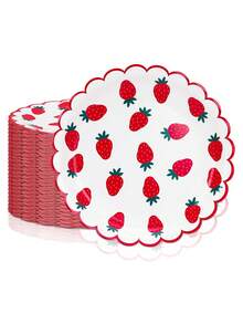 10pcs/20pcs/50pcs Strawberry Scalloped Tableware Set Pink Red Strawberry Flower Disposable Plates Floral Shaped 7 Inch Cake Plates 9 Inch Dinner Plates For Spring Summer Fruit Babe Shower Party Table Supplies - Multicolor - View 4