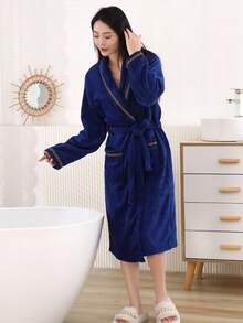1pc Coral Fleece Women's Long Bathrobe, Multiple Colors Available, With Hood, Belt And Pockets, Fluffy Soft Warm, Unisex Bath Towel Robe, Women's Bathrobe, Super Soft Velvet Texture, Bathroom Supplies - Lapel-trimmed Bathrobe - View 14