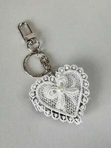 ROMWE Kawaii 1pc Lace Heart Bow Decor Mirror Keychain, Vintage Y2K Cute Versatile Bag Charm Valentines - Hồng - Xem 2