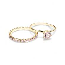 Kit With Two Solitaire Rings And Wedding Band Ring Studded With Baby Pink Rhinestones Gold Plated - Vàng - Xem 3