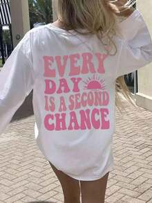 2025 Women's New Slogan Print Casual Loose Crew Neck Long Sleeve T-Shirt For Autumn/Winter, Elevate Your Wardrobe With Our Fashionable Ladies Long Sleeve Tees: These Tops Are Perfect For Layering, Casual Wear Or Expressing Your Style, Suitable For Various Occasions, Combining Comfort And FashionabilityLoose And Comfortable - 白色 - 查看 9