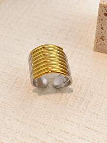 1pc Stainless Steel Bicolor Feather & Flower Twist Design Ring, Tarnish Resistant, Suitable For Autumn/Winter Wear, Home, Daily, Gift, Party