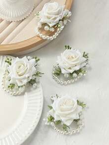 4/6pcs Elegant White Rose Wrist Corsages With White Gypsophila And Faux Pearl Chains, Beautiful Floral Decorations With Green Leaves, Durable And Comfortable To Wear, Perfect Wedding Accessories For Bride, Bridesmaids, Mother-In-Law, And Guests, Ideal For Prom, Anniversary, Dinner Dance, Engagement, Or Formal Events, Romantic Party Favors And Elegant Gift Choice For Women Girls Valentine's Day Accessories