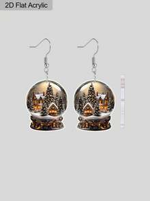 زوج من أقراط أكريليك مبتكرة بتصميم كرة عيد الميلاد وبيت شجرة عيد الميلاد، أقراط كرتونية مسطحة 2D لعيد الميلاد للنساء، هدايا عيد الميلاد والأعياد الشتوية