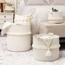 1pc Extra Large Woven Storage Basket, Handwoven, With Cute Tassel Decoration, Decorative Basket, Laundry Basket, Suitable For Storing Magazines, Toys, Blankets And Clothes, Baby Room Decoration - Home Storage Container. - White - View 2