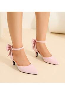 MAIERNISI JESSI Women's Wedding Evening Party Bow Kitten Heels Pumps Ankle Strap Buckle Dress Shoes - 粉色 - 查看 4