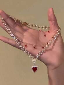 "1pc Bohemian Emerald Green Pendant Necklace For Women, Faux Pearl Oval Pendant With Sparkling Design, Elegant Jewelry For Party, Casual Wear & Gift Giving" - yêu - Xem 5