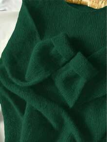 Women's Soft Green Round Neck Sweater, Vintage Fresh, Casual For Spring, Solid Color Lightweight Polyester Ribbed Long Sleeve Sweater For Spring/Autumn - Dark Green - View 4