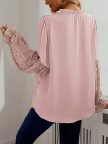 Plus Size Floral Patchwork Ruffle/Frill Hem Pleated Casual Blouse - Pink - View 3