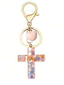 女士女孩树脂十字架钥匙扣 - 6 种款式，带蝴蝶饰物和流苏、嵌入式鹅卵石、闪光心形和紫色亮片（薄荷绿/白色/粉色/紫色）时尚珠宝礼物、复活节洗礼派对礼品、汽车配件包饰学校可爱哥特 Y2k - 彩色 - 查看 18