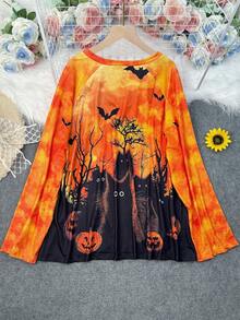 Plus Size Women Halloween Long Sleeve Casual T-Shirt, Plus Size Halloween Pumpkin, Black Cat, Bat Graphic Print Stretchy V-Neck Tee
