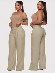 Women's High Waisted Elastic Waist Wide Leg Pants With Pockets Elegant Formal Wear - Màu be - Xem 3