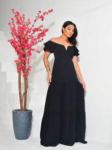 Long Off-The-Shoulder Dress With Ruffles, V-Neckline, Elegant, Charming Sleeves - negro - Ver 4