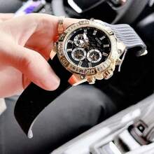 Guess Luxuriöse Herren Mode Drei-Augen Multifunktions Diamant-besetzte Skelett Zifferblatt Silikon Armband Quarz Uhr GW0333G2