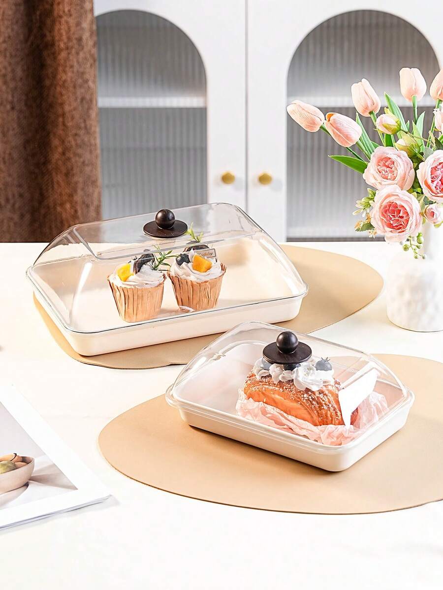 Multi-Size Rectangular Display Plastic Trays With Dustproof Lids, Unbreakable, Reusable Fruit/Dessert/Snack/Cake Platters, Suitable For Festivals, Weddings, Parties, And Banquets - Milky White - View 1