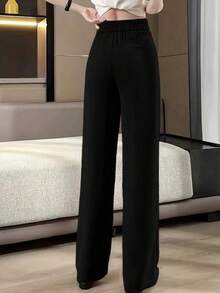 Women Straight Leg Loose Solid Color Front Double-Button Pants Black Spring - Black - View 4