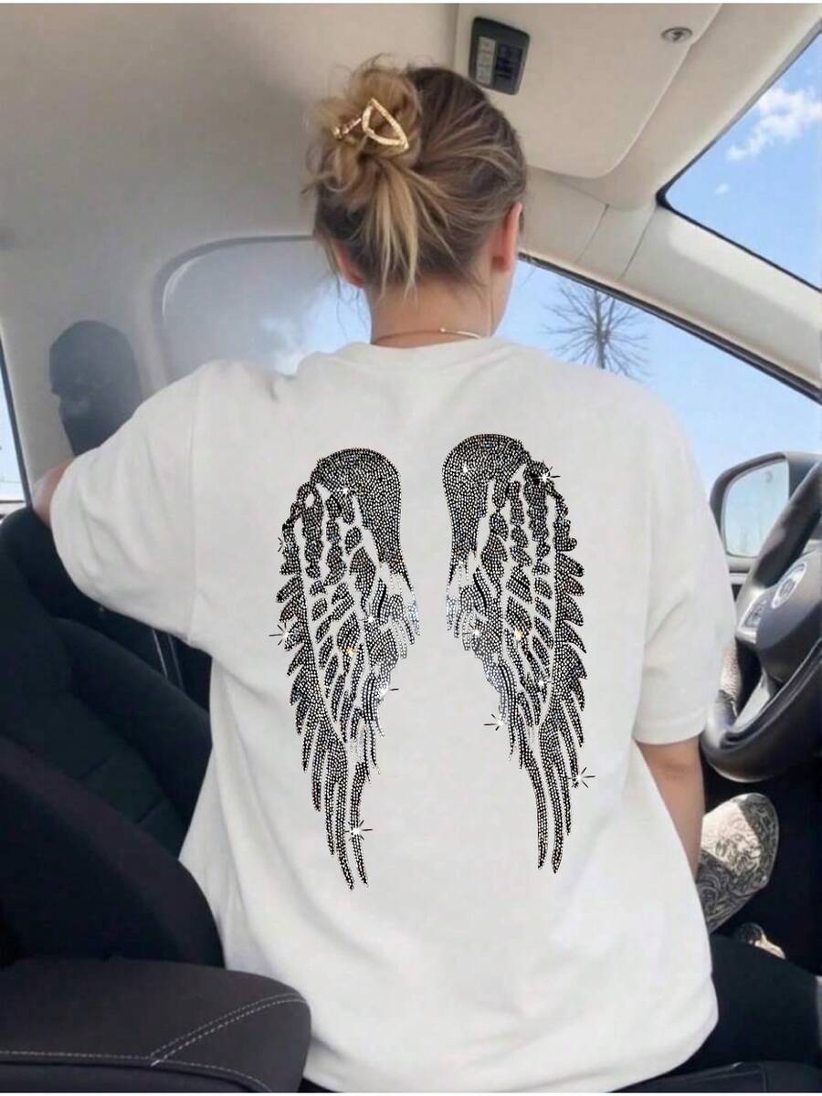 Casual T-Shirt With Angel Wings Print - White, Round Neck, Short Sleeve, All-Season Top For Women, Casual WearAngel Wings DesignComfortable Fit - White - View 1