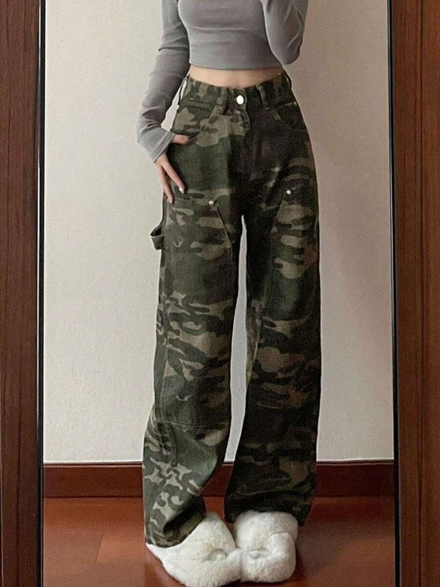 Jeans para mujer Pantalones vaqueros de camuflaje estilo retro americano de High Street para mujer, pantalones sueltos y rectos de verano, cómodos y que estilizan. - Verde militar - Ver 1