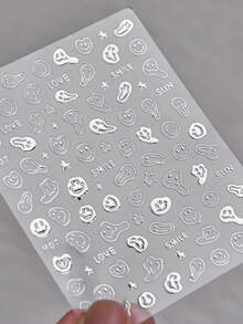 Beautizon Nailartlab 1pc 3D Silver Nail Art Sticker Decals, Rhinestone Melting Smiling Face Nail Stickers, Halloween Nail Decals Transfers