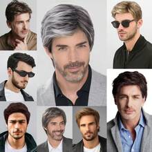 10 Zoll braune und schwarze kurze strukturierte synthetische Perücke für Männer, vielseitig für den Alltag und Halloween-Kostüme, europäischer und amerikanischer Stil kurze Business-Herrenperücke, natürlich flauschiges kurzes Haar, hitzebeständige Faser