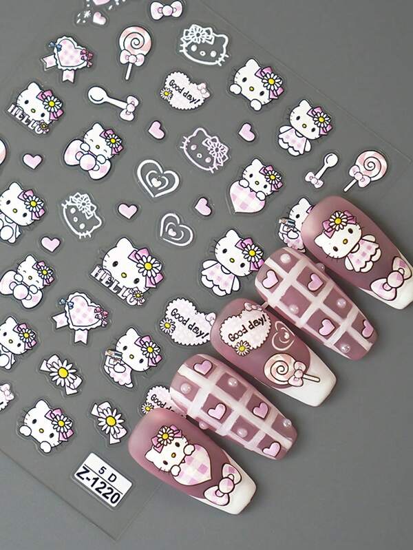 Sanrio Sanrio Genuine New 5D Relief HelloKitty Nail Stickers With 3D Adhesive For Long-Lasting Fit And Cartoon Design, Multifunctional Decorative Stickers For Girls' Hearts, Creative Gift Set