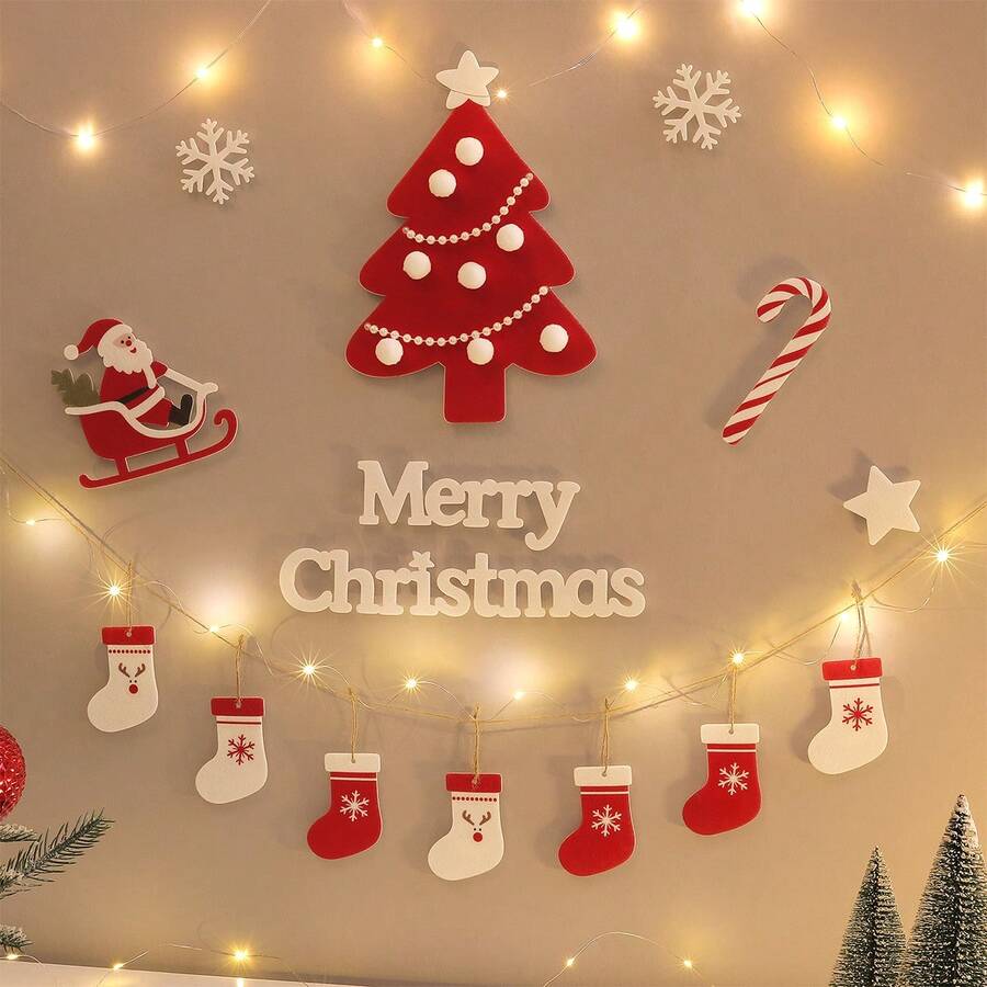 圣诞彩灯背景墙派对装饰圣诞树圣诞快乐字母主题许愿袜珍珠绒球挂饰横幅套装 - 彩色 - 查看 1