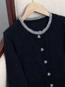 Wixra 2025 Autumn New Design Colorblock Heart Button Knitted Cardigan, Versatile Women Sweater Jacket - Black - View 4
