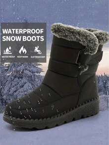 36-45 Size Outdoor Thermal Lined Thick Snow Boots For Women, Mid-Calf Round Toe Flat Heel Plus Size Waterproof Anti- High-Top Boots, Cold-Resistant, Middle-Aged Boots, Black - 黑色 - 查看 3
