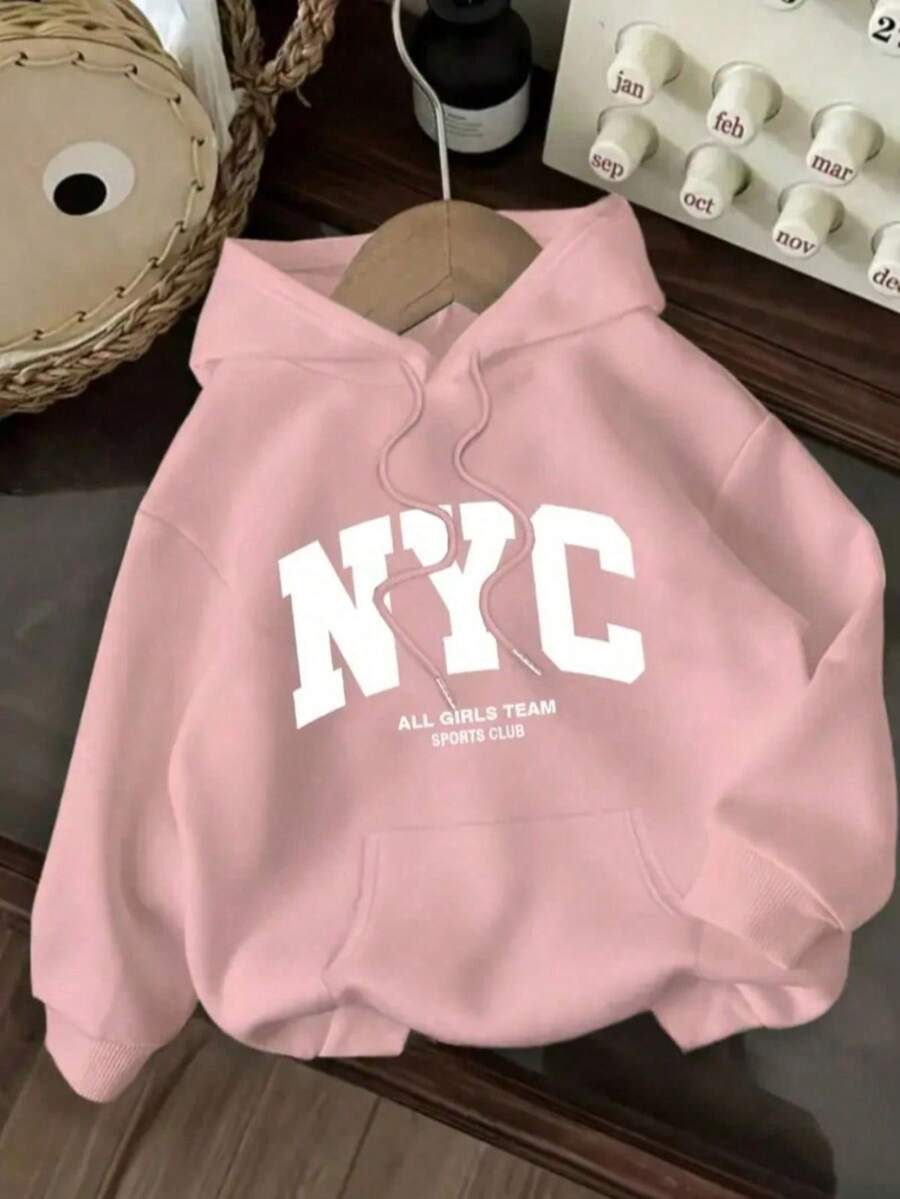 Sudadera casual para mujer estilo universitario, letras estampadas, tejido suave, color liso, ajuste holgado, capucha con cordón, manga larga, otoño invierno, uso diario, sudadera - Rosa - Ver 1