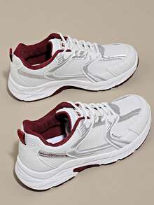 女士春秋新款休闲厚底运动鞋，网眼透气厚底坡跟休闲鞋，轻便百搭时尚系带白/灰色休闲运动鞋，适合所有季节 - 酒紅色 - 查看 14