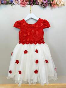 Vestido Infantil Vermelho e Off C/ Apliques na Saia Festas Casamentos Formaturas - Vermelho - Visão 5