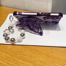 Butterfly 1 件极简主义支架手机壳，防震/TPU 硅胶软边豪华保护套带防尘孔，适用于三星 Galaxy S24 Ultra/S24 Plus/S24/S23 Ultra/S23 Plus/S23/S22 Ultra/S22 Plus/S22/S21 Ultra/S21 Plus/S21 FE/S23 FE/S20 Ultra/S20 Plus/S20 FE 和电镀 + TPU 硅胶软边全覆盖高端保护壳适用于 OPPO A5x/C12345678/987654321、OPPO A12345678987654321 - 紫色+支架+鏈 - 查看 2