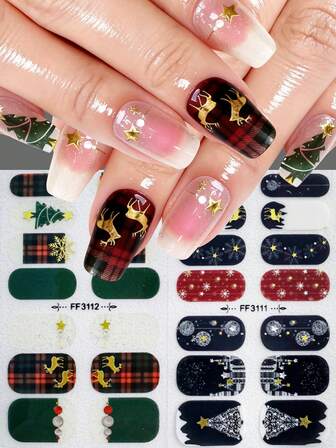 2 Sheets Christmas Self-Adhesive Full-Covering Nail Sticker Set, Snowflake Reindeer Plaid Christmas Tree Sequin Nail Sticker, Suitable As A Christmas Nail DIY Decoration