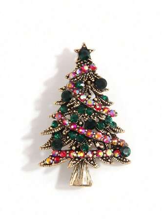 1pc Fashionable Colorful Rhinestone Christmas Tree Brooch, Personalized Accessory For Women