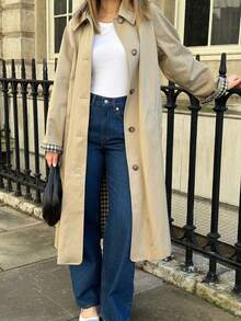 1 件女式纯色前口袋休闲风衣，长袖过膝外套，适合日常穿着，秋冬 - 卡其色 - 查看 3