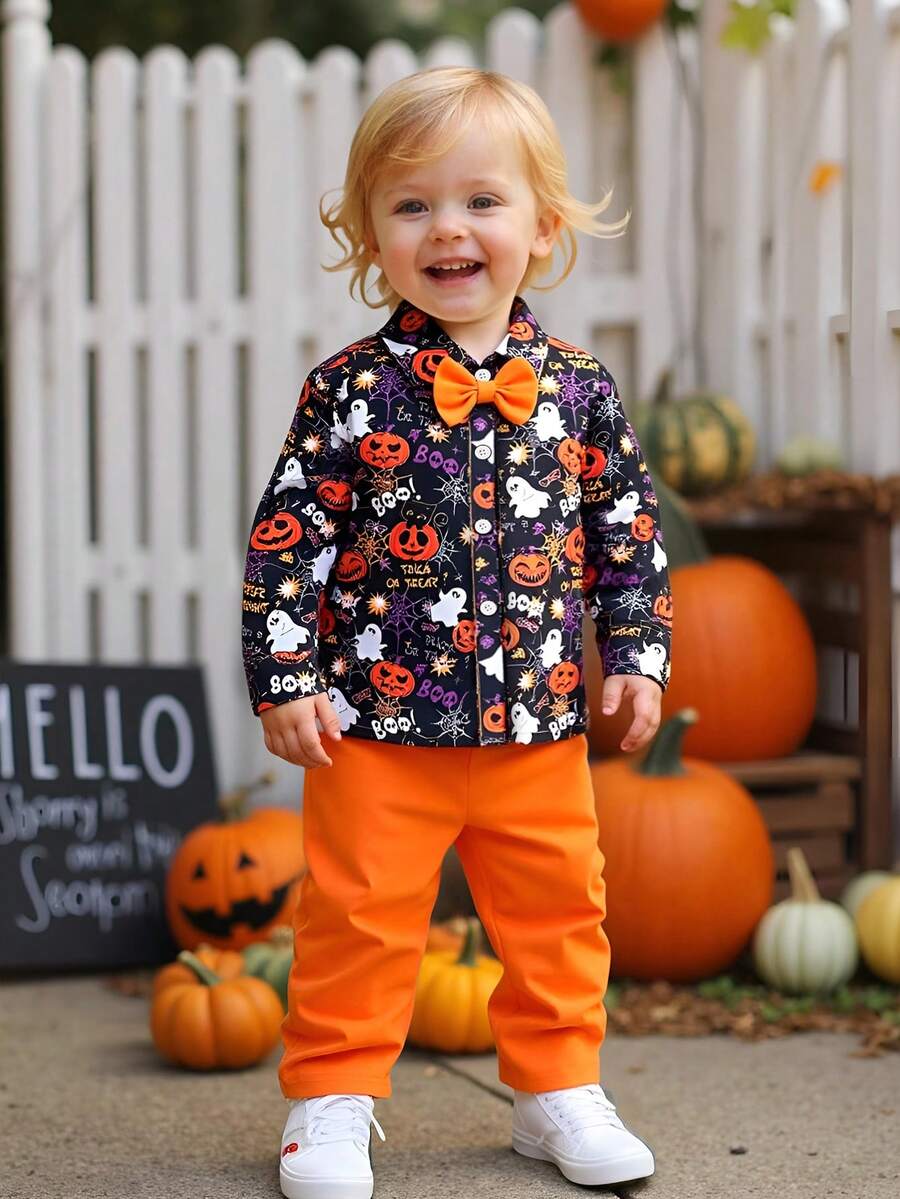 2pcs/Set Young Boy Halloween Pumpkin, Ghost, Spider Web Graphic Full Print Long Sleeve Button-Up Shirt And Pants Set, Casual For Daily, Holiday, Party, Outdoor Wear, Spring/Autumn - Orange - View 1