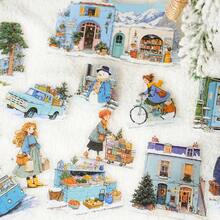 15 件/包冬季风景贴纸，创意美学贴纸贴花，DIY 装饰拼贴工艺材料，节日礼物，个性化剪贴簿学校用品 - 綠色 - 查看 6