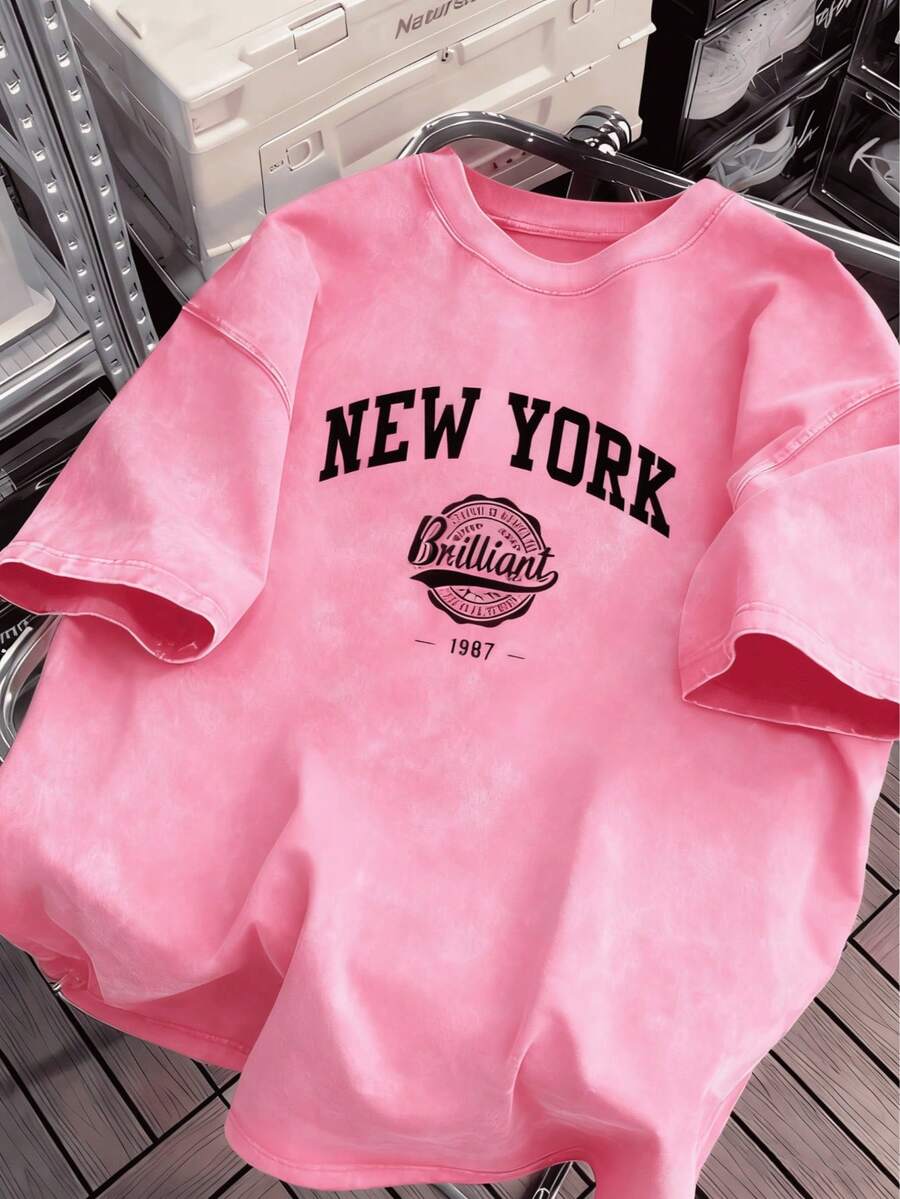 Men's Heavyweight With New York Pattern Print And Vintage Letters Available In Plus Sizes, All-Season Comfortable Machine Washable Casual Clothing - Pink - View 1