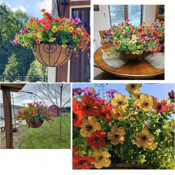 Flores artificiais de outono para áreas externas, plantas falsas resistentes a raios UV, arbustos artificiais de plástico com flores laranjas, plantas penduradas para decoração de outono em casa, cozinha, varanda, jardim, peitoril de janela