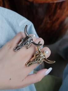 1 件时尚金色/银色牛头和角珍珠铜镀金开口戒指，适合男女日常和派对佩戴 - 大牛頭戒指 - 查看 2