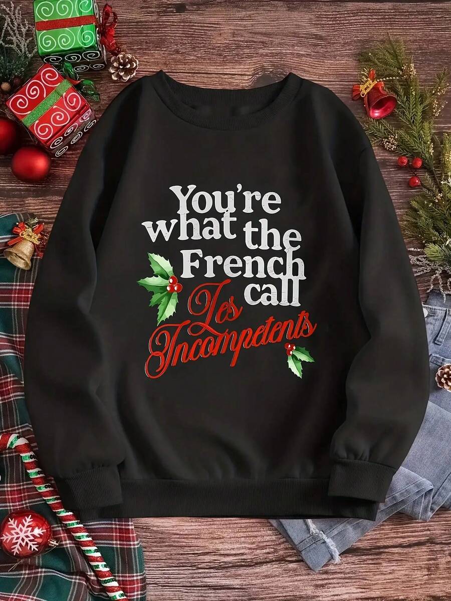 Women's Fun French Slogan Sweater - 'You Are The Person French Call Les Incompents' - Black Crew Neck Pullover With Red Text - Everyday Casual And Christmas Outfit - Machine Washable All-Season Sweater, Suitable For French Culture Enthusiasts - Loose Crew Neck Geometric Print Holiday Casual Wear - Festive French Theme Design - Soft Comfortable Fabric - Perfect For Layering, Ugly Christmas Sweater, Women's Christmas Sweater, Women's Ugly Christmas Sweater, Women's Oversized Sweater, Mental Health Sweater - White And Navy Off-The-Shoulder Cropped Top - màu đen - Xem 1