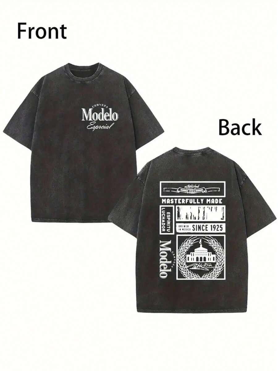 Men Shirts 1pc Heavyweight 230GSM Vintage Washed Cotton T-Shirt - Brown Retro Tee With MODEL Graphic Back, Loose Fit Streetwear For Men & Women, All-Season Casual Shirt For Parties, Holidays, Casual Attire - Ideal Gift For Fashion Enthusiasts Men Clothes - 黑色 - 查看 1