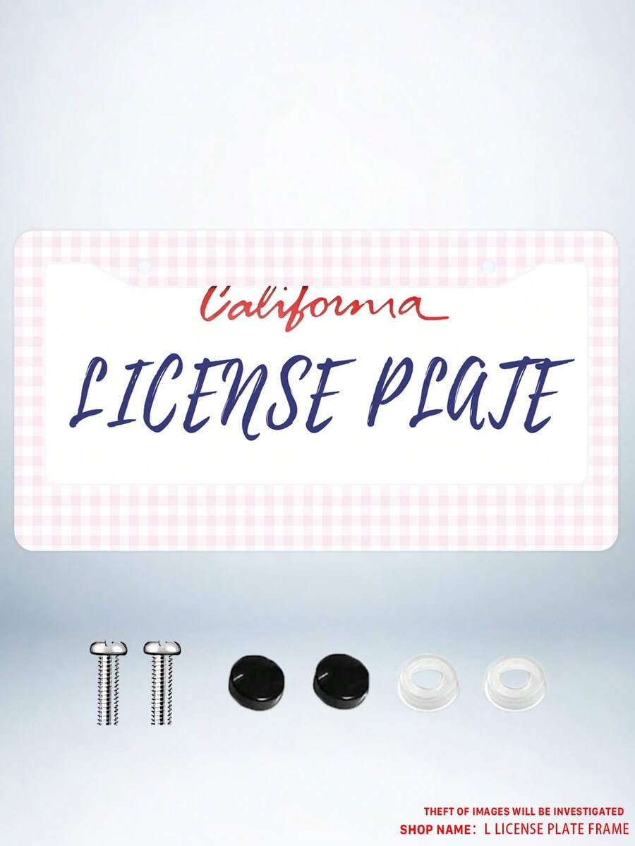 1pc Pink Checkered Pattern Aluminum License Plate Frame 6x12 Inches With Screw Kit, Retro And Cute Car Decoration Auto Enthusiasts, Fun And Novelty Design, Universal Standard Size US Vehicle Plates - 12x6 Inch - View 1