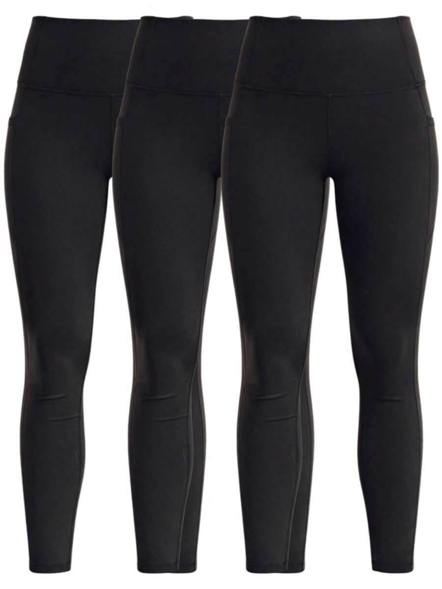 3 Pack, Women's High Waist Athletic Leggings With Side Pockets, Stretch Nylon And Spandex Training Pants, Slim Fit Shaping Fitness Leggings, Comfortable Activewear For Sports, Running, Yoga And Everyday Wear - Black - View 1