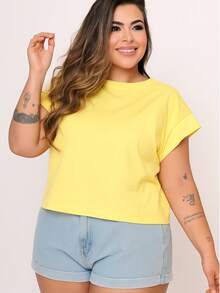 Cropped Feminino Plus Size Plain - 黃色1 - 查看 2