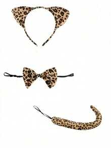 3pcs Cross-Border Cute And Fun Leopard Print Adult And Small Three Pieces Set Props, Cat Ear Headband, Tail, Bow, Suitable For Various Festival And Party Outfit Props.